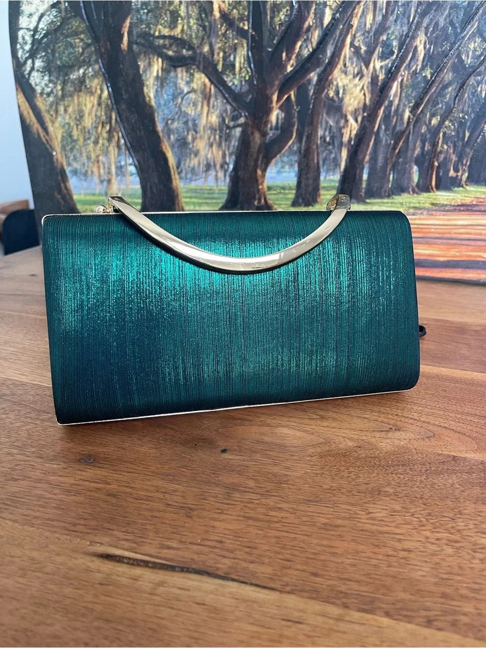Elegant emerald green Satin Evening Clutch with Gold Handle